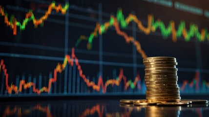 A stack of gold coins in front of a blurred stock chart showing a downward trend.