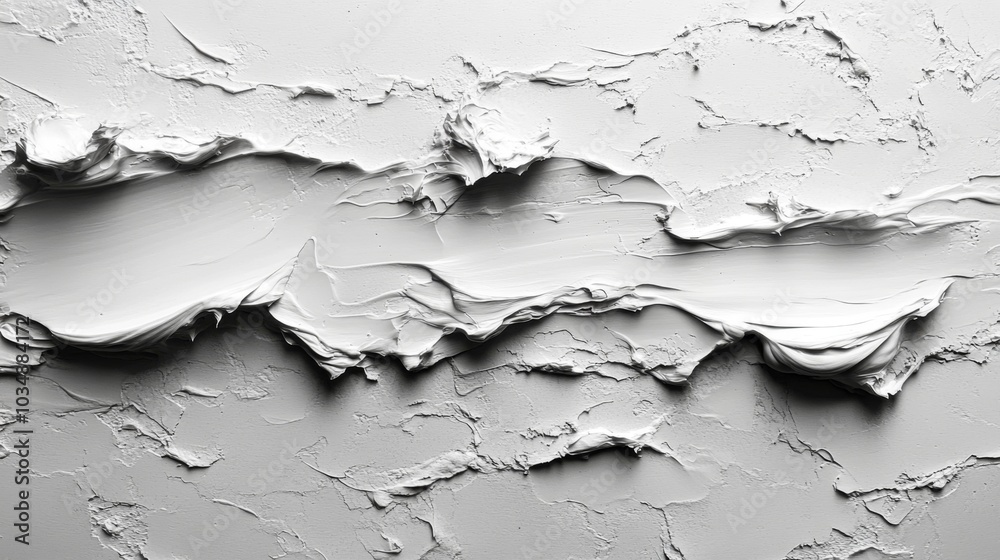 Poster thick white paint forms an abstract texture across the surface, showcasing varied patterns and ridge
