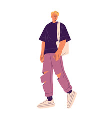 Boy wearing ripped jeans, sneakers. Young man in stylish summer outfit carries tote bag. Person in trendy clothes walks. Modern street fashion. Flat isolated vector illustration on white background