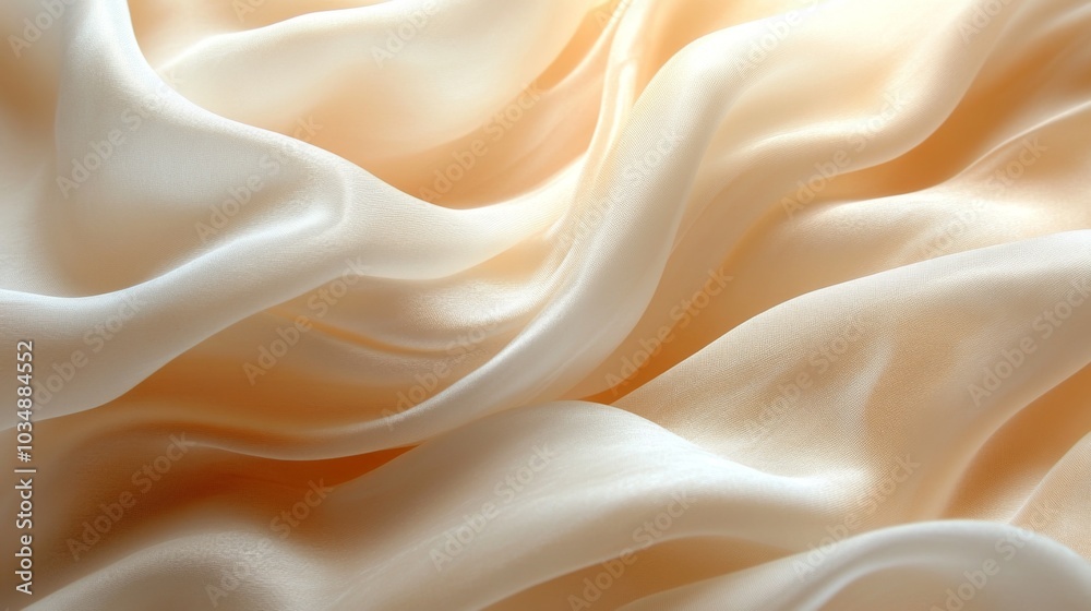 Poster delicate silk fabric in a light cream hue cascades with soft, flowing folds, creating a serene and e