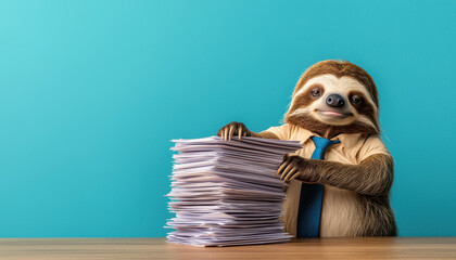 A sloth in a tie, A cheerful sloth dressed in a shirt and tie, managing a pile of paperwork, highlighting a fun and unique take on office life.
