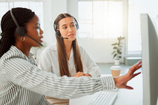 Call center, computer and women learning with advice for telemarketing or customer service. Helping, coaching and female people training on pc for consulting support, teamwork or question in business