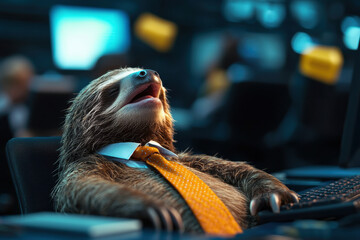 A sloth in a tie, A relaxed sloth in a business suit asleep at a desk, embodying a humorous take on workplace fatigue and slow-paced life. Dozing off at the desk. Falling asleep.