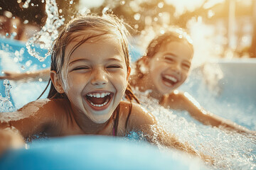 Two young girls having fun sliding down the water slide at an amusement park