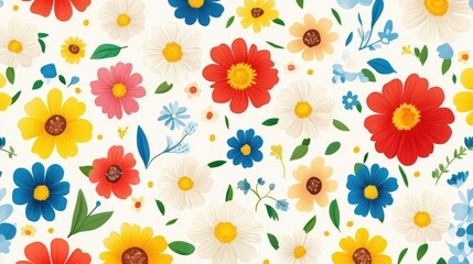 A seamless floral pattern featuring bright and colorful blooms, suitable for wallpaper, fabric prints, or digital backgrounds, creating a cheerful ambiance.