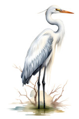Obraz premium Watercolour painting of standing crane bird, side view, clipart isolated 