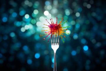 The close-up of various colorful bacteria and germs on a fork, representing health risks