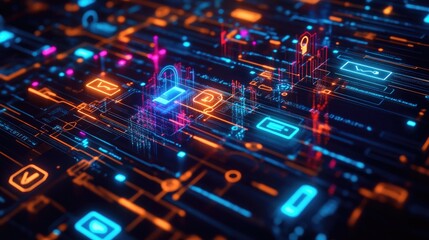 Digital key floating above a grid of security icons and data streams, representing the protection of personal information in a high-tech network.