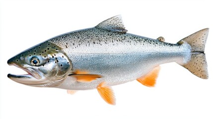 Obraz premium A photostock images of a jumping salmon fish, isolated on white background, High Quality