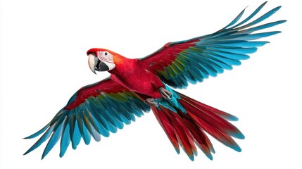 Obraz premium A photostock images of a macaw parrot in flight, isolated on white background, High Quality