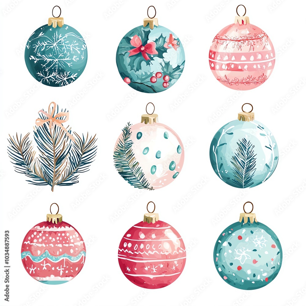 Wall mural colorful holiday ornaments with floral designs, isolated on white background.