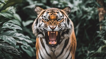 Fototapeta premium Roaring tiger with its mouth gaping, baring sharp fangs, standing proudly in front of a dense green forest, portraying its raw power.