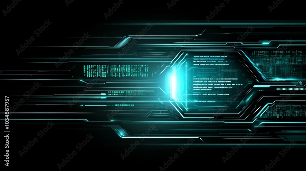 Poster futuristic digital interface with glowing elements and data streams.