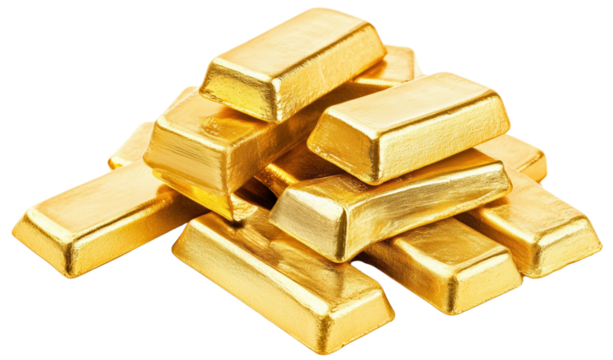 Large Pile of Flat Gold Bars Isolated on Transparent Background