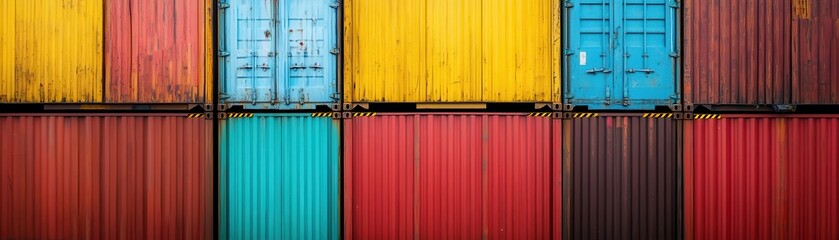 Colorful Shipping Containers Stacked in a Geometric Pattern at a Busy Industrial Port