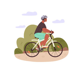 Naklejka premium Black person in safety helmet cycling. Bicyclist rides a bike side view. Happy cyclist training in park. Young man biker drives by bicycle. Flat isolated vector illustration on white background