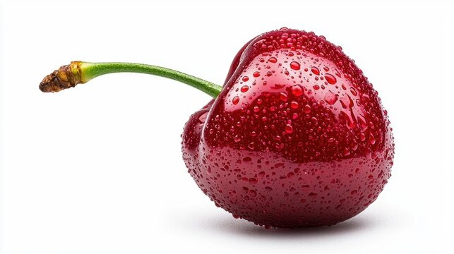 A photostock images of a single cherry with a green stem, isolated on white background, High Quality