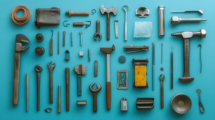 Obraz premium Set of tools over blue background, top view with space for text. 