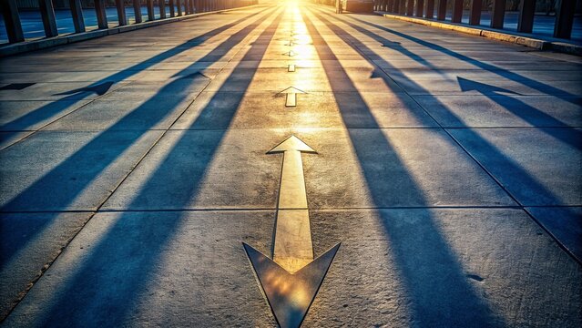 A concrete pathway lined with vertical shadows cast by parallel structures, illuminated by the sun's rays, leading to a large arrow pointing toward the light