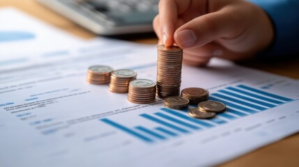 A bar graph showing pension fund growth with a hand placing coins on top, symbolizing investment in a secure future.
