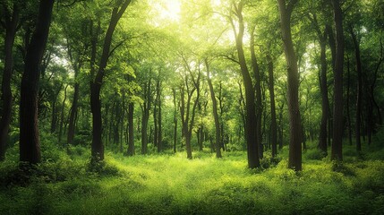 Obraz premium Lush Green Forest with Sunlight Filtering Through Trees