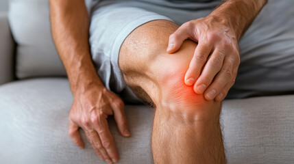 Fototapeta premium Digital composite of highlighted knee of a man with knee pain. AI generative.