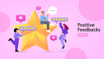 People Giving Five Star Feedback. Customer reviews concept. Online shopping with give 5 rating and review. Customer rate for success work. Vector outline Illustration.