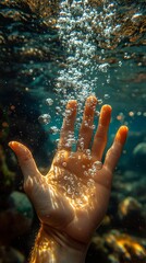 A desperate hand reached out to the surface of the water, surrounded by bubbles, symbolizing the struggle for survival in deep water. The whole scene is filled with tension and the power of survival