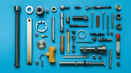 Obraz premium Set of tools over blue background, top view with space for text. 