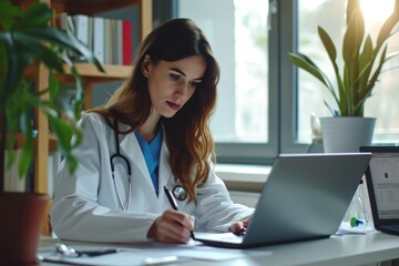 Serious female doctor working diligently on a laptop while writing notes in a well-lit medical office setting