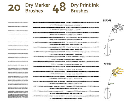 Set of 20 dry marker + 48 dry roller ink art brushes with unique texture for poster print, story book, animation/illustration. Compatible with Adobe Illustrator CS6 and above.