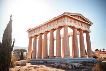Obraz premium _ - A Greek temple with columns and a pediment, set in a sunlit