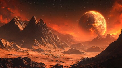 Obraz premium Red planet with arid landscape, rocky hills and mountains, and a giant Mars-like moon at the horizon, for space exploration and science fiction backgrounds. 