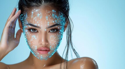 A photostock images of a woman surrounded by digital matrix code, isolated on white background, High Quality
