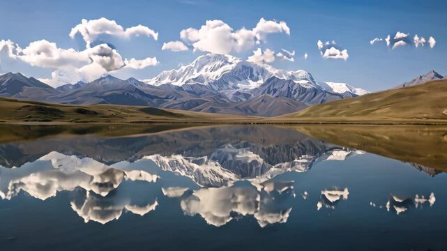 A stunning Videograph capturing the reflection of an awe-inspiring mountain range in the serene and motionless waters of a lake, A snow-capped mountain range reflecting in a clear lake