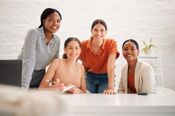 Office, business people and portrait with book for training, team building and workshop for startup. Creative agency, employees and women with manager for meeting, publication notes and development