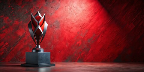 A singular trophy stands proudly on a black base against a vibrant crimson backdrop, bathed in a spotlight, symbolizing a moment of triumph and the pursuit of excellence.