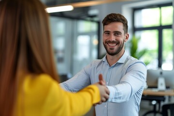 Fototapeta premium Young businessman smiling while extending his hand for a handshake in a modern office setting during the daytime