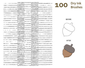 Set of 100 dry ink art brushes with unique texture for poster lettering, typography, text, font making, story book, animation/illustration. Compatible with Adobe Illustrator CS6 and above.