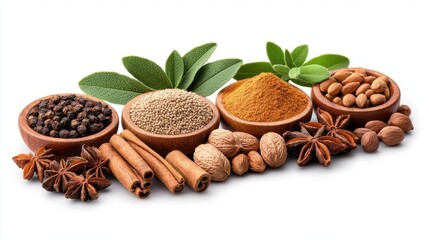 A photostock images of assorted dried spices, isolated on white background, High Quality