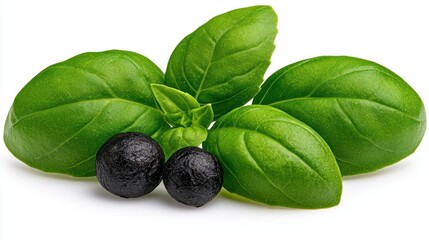 A photostock images of black peppercorns and basil leaves, isolated on white background, High Quality