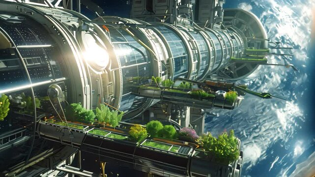Futuristic Space Station With Plants Growing Out of It, A space station with bio-engineered food production systems