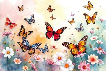 Watercolor Butterfly Garden A vibrant array of butterflies in va
