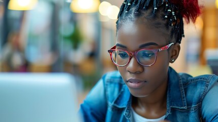 African student girl wearing glasses focused on her laptop in a modern study environment