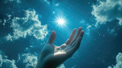A hand reaching toward a bright star in the sky, symbolizing hope, dreams, and the pursuit of success and achievement