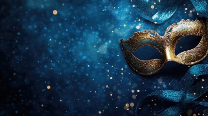 Festive mask on a blue backdrop adorned with sparkling accents Ideal for celebratory themes Room for text