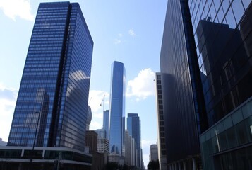 City Skyscrapers A view of tall skyscrapers with reflective wind