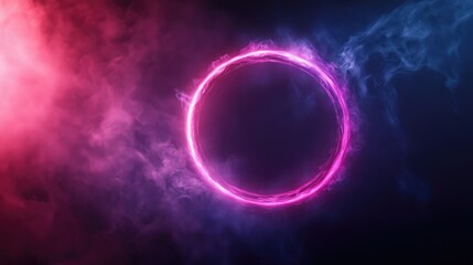 Abstract Futuristic Background Featuring a Glowing Pink and Purple Ring with Atmospheric Smoke Effects