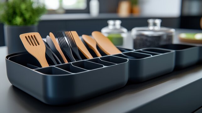 Sleek kitchen utensil organizer with bamboo tools on a modern countertop, AI
