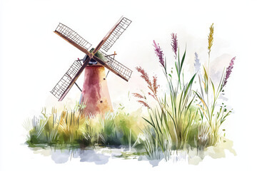 A scenic watercolor depiction of a traditional windmill surrounded by tall grasses and flowering plants.